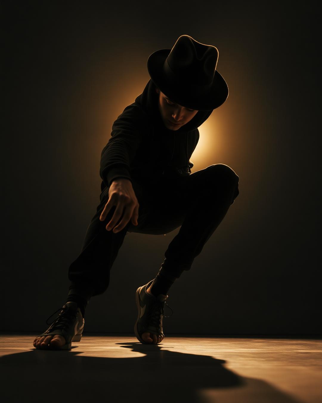 Streetdancer im Freeze mit Fedora unter warmem Spotlight